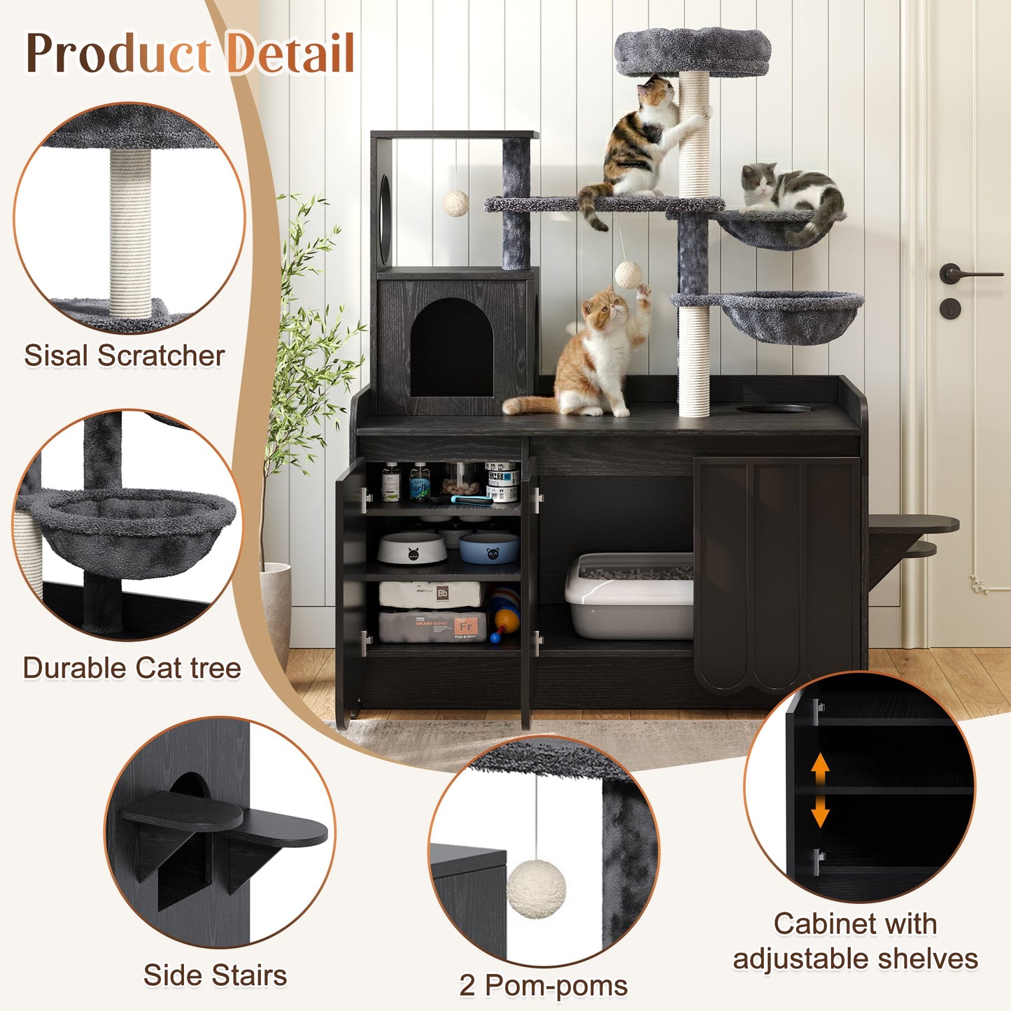 50.6" Cat Tree with Litter Box Enclosure and Sisal Scratching Post