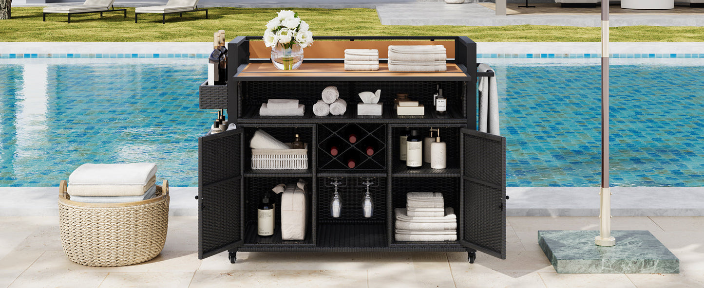 K&K 52.8"W Wicker Outdoor Grill Cart with Extended Table Top
