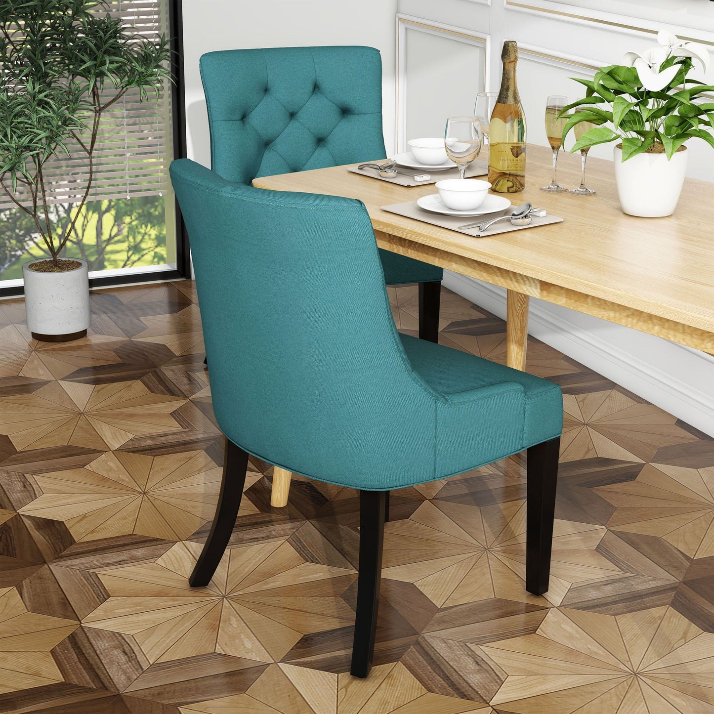 Dining Chair Set of 2 With Upholstered Diamond Tufting And Espresso Birch Legs - Teal