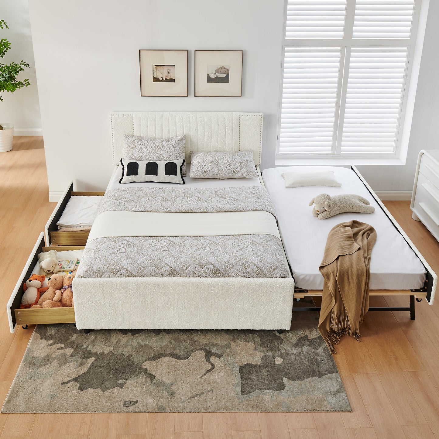 Queen Size Vertical Channel Tufted Upholstered Bed with Storage and Trundle
