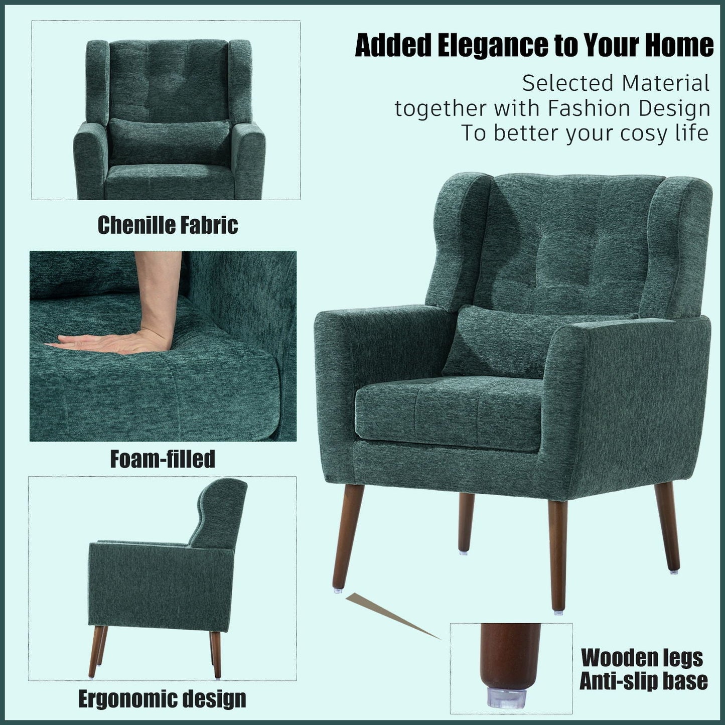 Modern Accent Chair, Arm Chairs For Living Room, Upholstered Mordern Armchair, Comfy Soft Padded Lounge Chair In Small Space, Bedroom, With Pillow, Solid Wood Leg