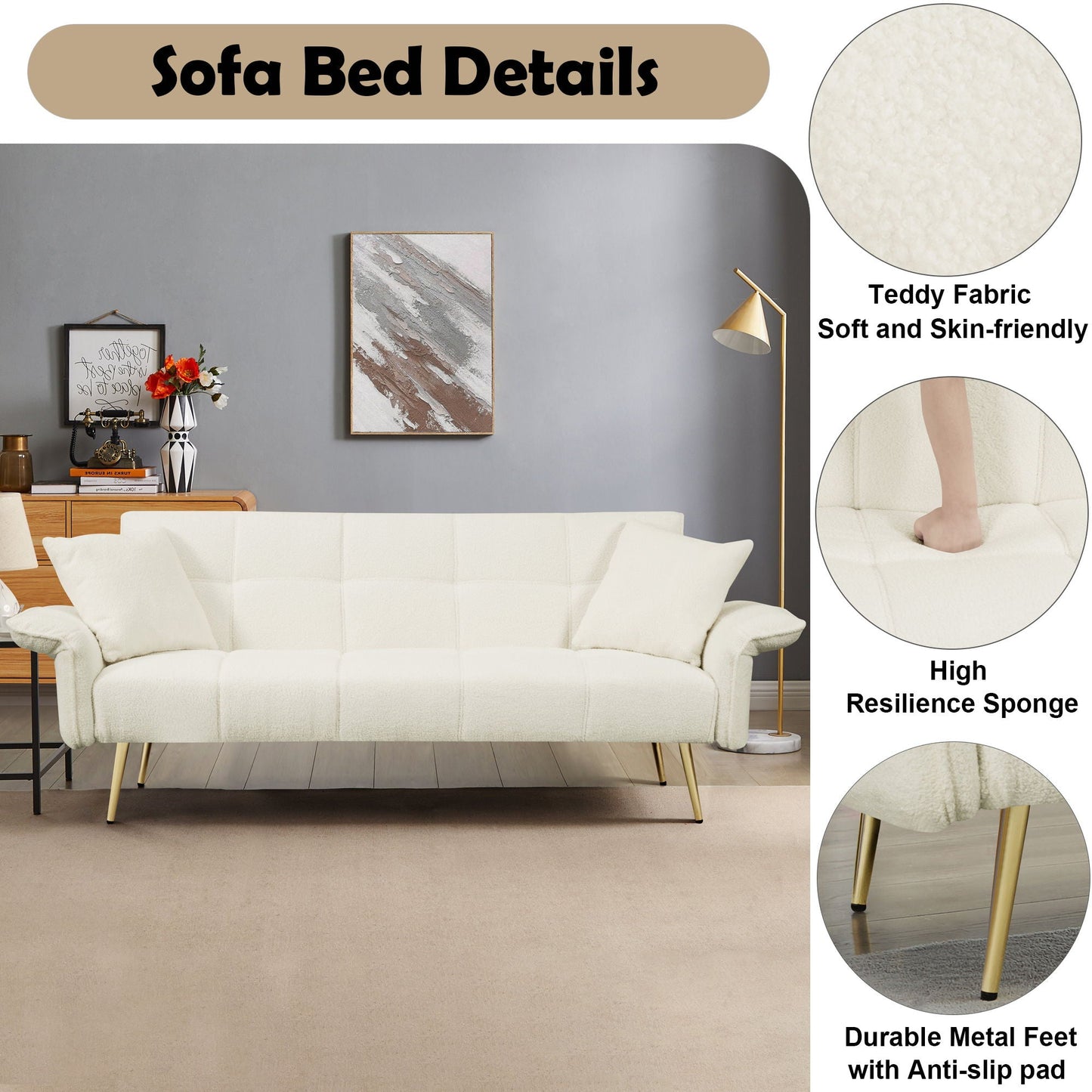 Convertible Double Futon Sofa Bed With Folding Armrests For Living Rooms