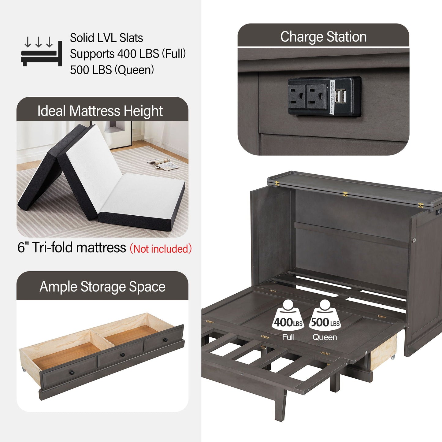 Murphy Bed Chest Cube Cabinet With Charging Station And Large Storage Drawer