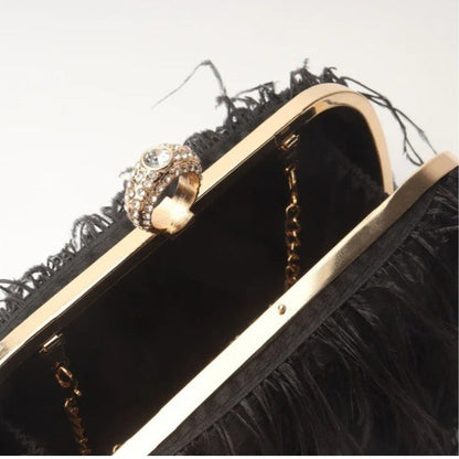 Elegant Ostrich Hair Ring Box – Small Square Bag with Chain Crossbody Shoulder Velvet Evening Clutch Purse