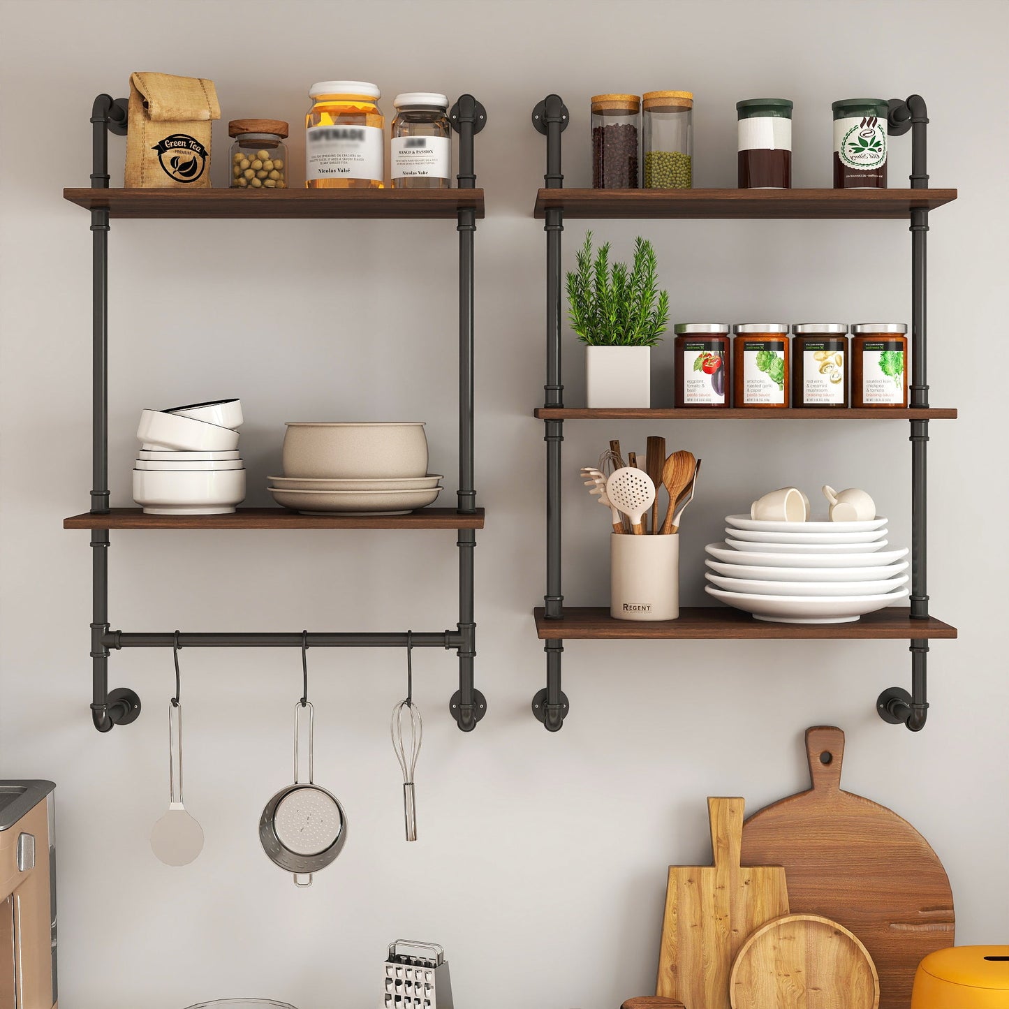 Industrial Pipe Shelf 3-Tier and 2-Tier Wall Mounted Shelves