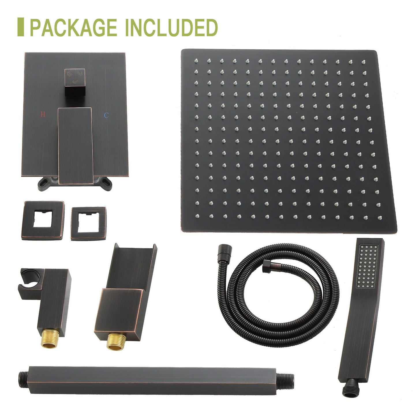 Shower System With Waterfall Tub Spout And 16" Ceiling Mount Square Rain Shower - Oil-Rubbed Bronze
