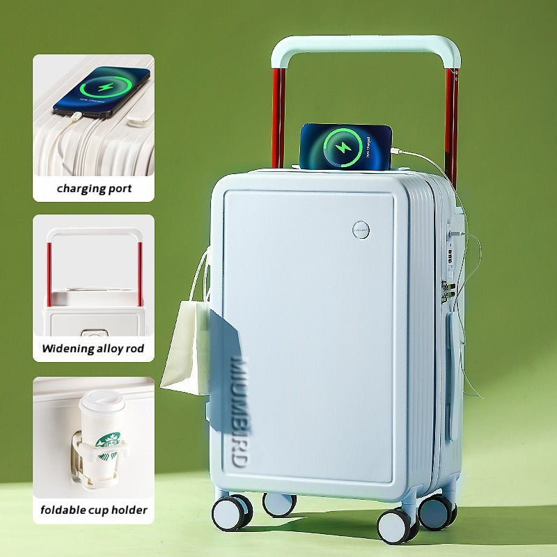 Wide Pull Rod Design Luggage Compartment, Front Open Lid, Stylish Large Capacity Luggage With Foldable Cup Holder And USB Interface