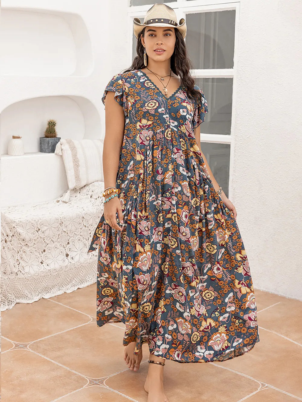 Ruffled Printed Cap Sleeve Dress