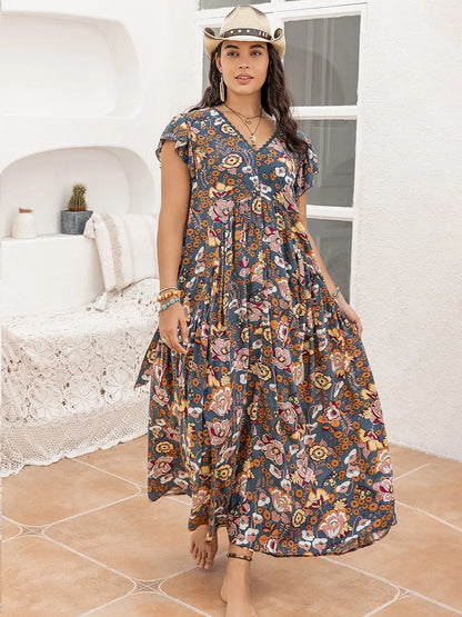 Ruffled Printed Cap Sleeve Dress