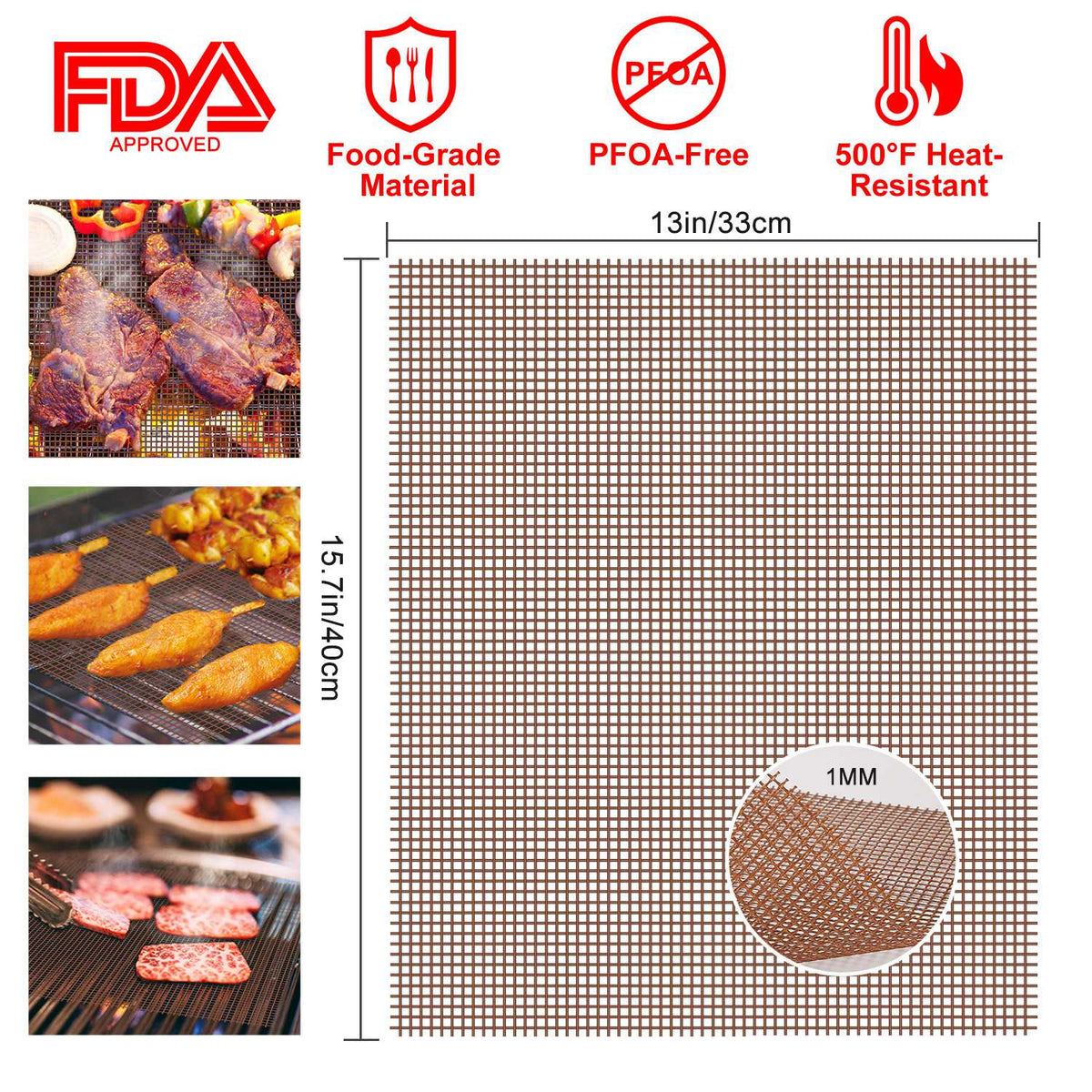 BBQ Grill Mat Non-Stick Mesh Mat Baking Sheet Liner Reusable Reversible Washable for Outdoor Gas Charcoal