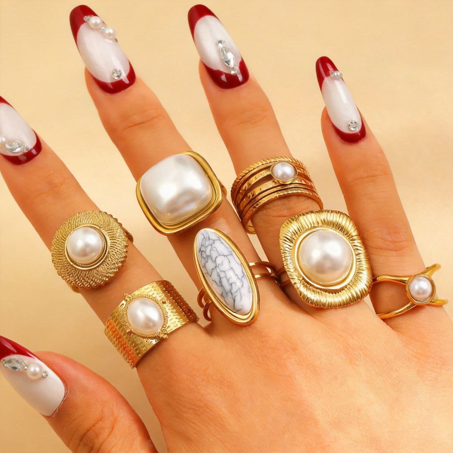 Adjustable Open Stainless Steel Pearl Ring, 18K Gold Plated Oval Baroque Ring