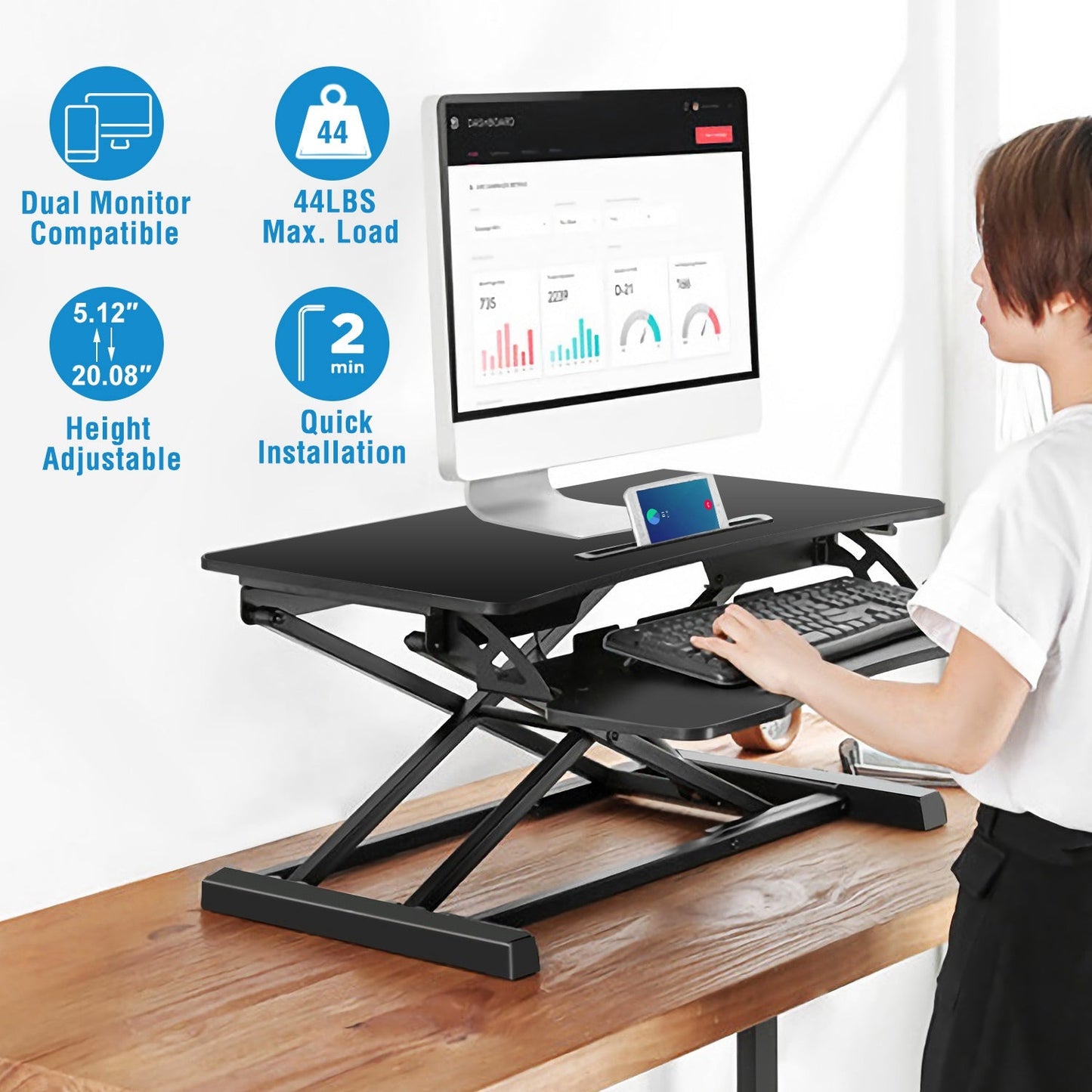 Height Adjustable Standing Desk Converter Workstation Sit Stand Dual Monitor Laptop Desk Riser Tabletop
