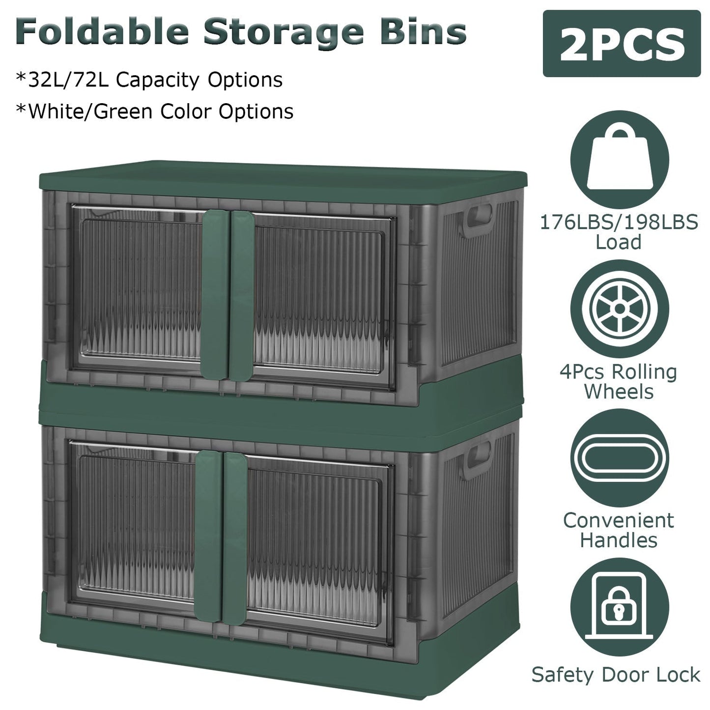 2Pcs 32L Foldable Storage Bins with Lid Collapsible Stackable Closet Organizer Containers with Front Door Lock 4Pcs Wheels