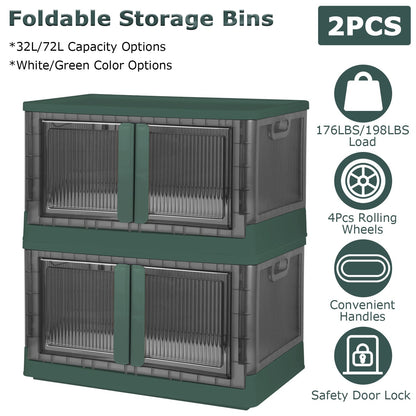 2Pcs 32L Foldable Storage Bins with Lid Collapsible Stackable Closet Organizer Containers with Front Door Lock 4Pcs Wheels