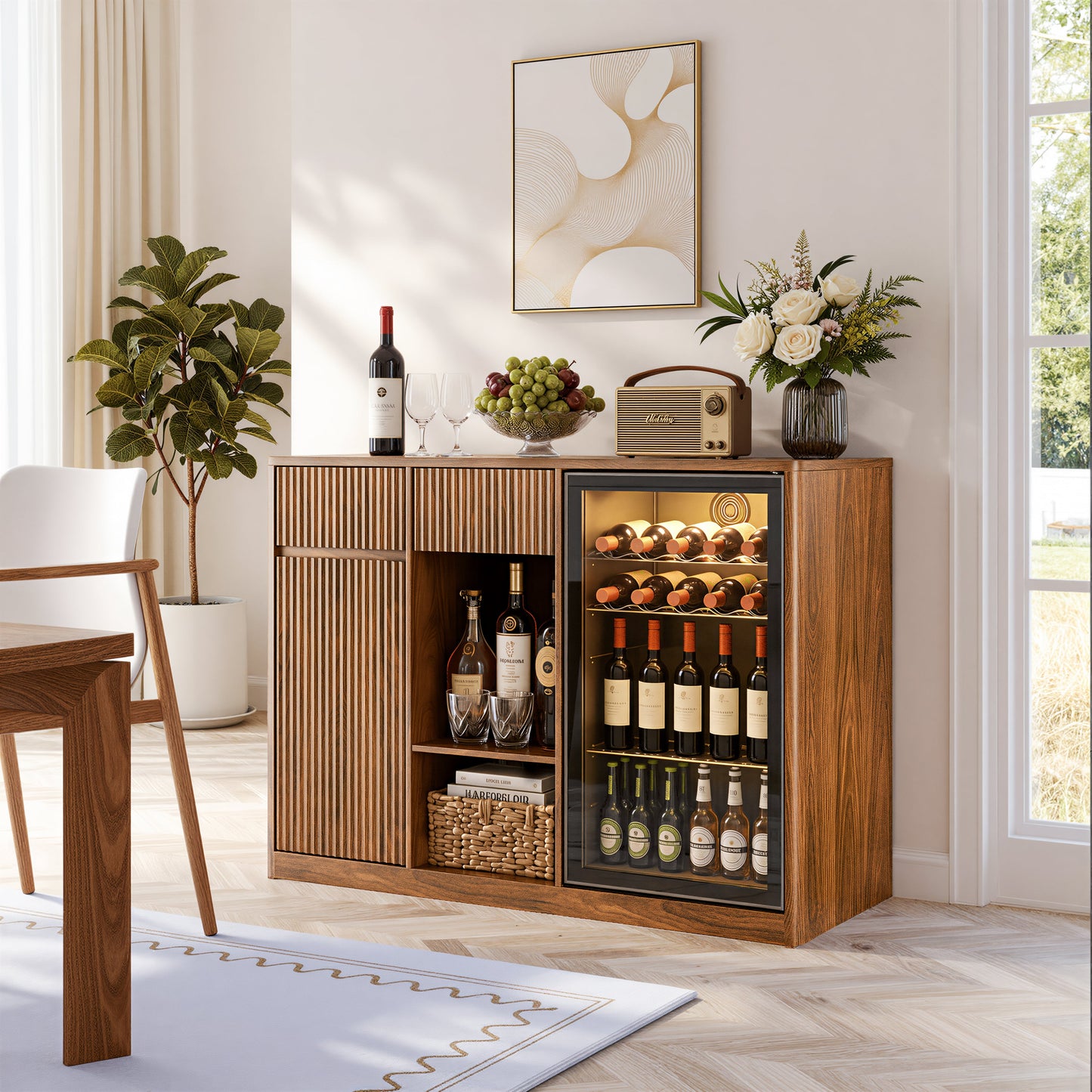 51" Fluted Bar Cabinet with Fridge Space and Wine Glass Rack