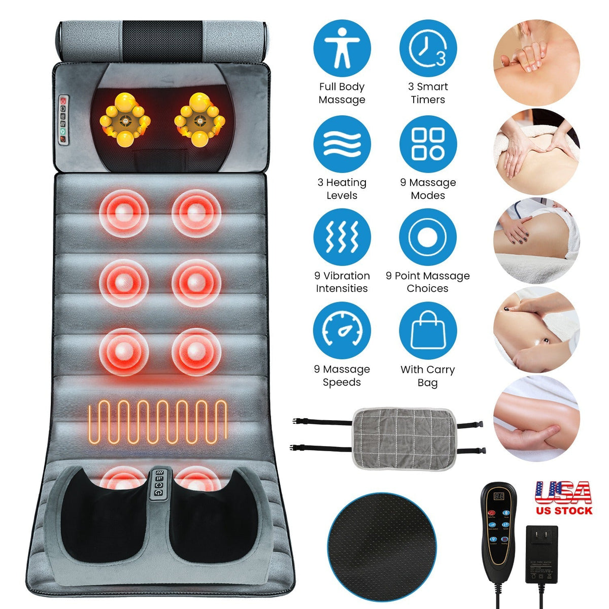 Full Body Electric Massage Mat Heating Vibration Massage Pad Cushion Back Massage Mattress Chair Pad with Neck Foot Massage Head Pillow and Cloth Lumb