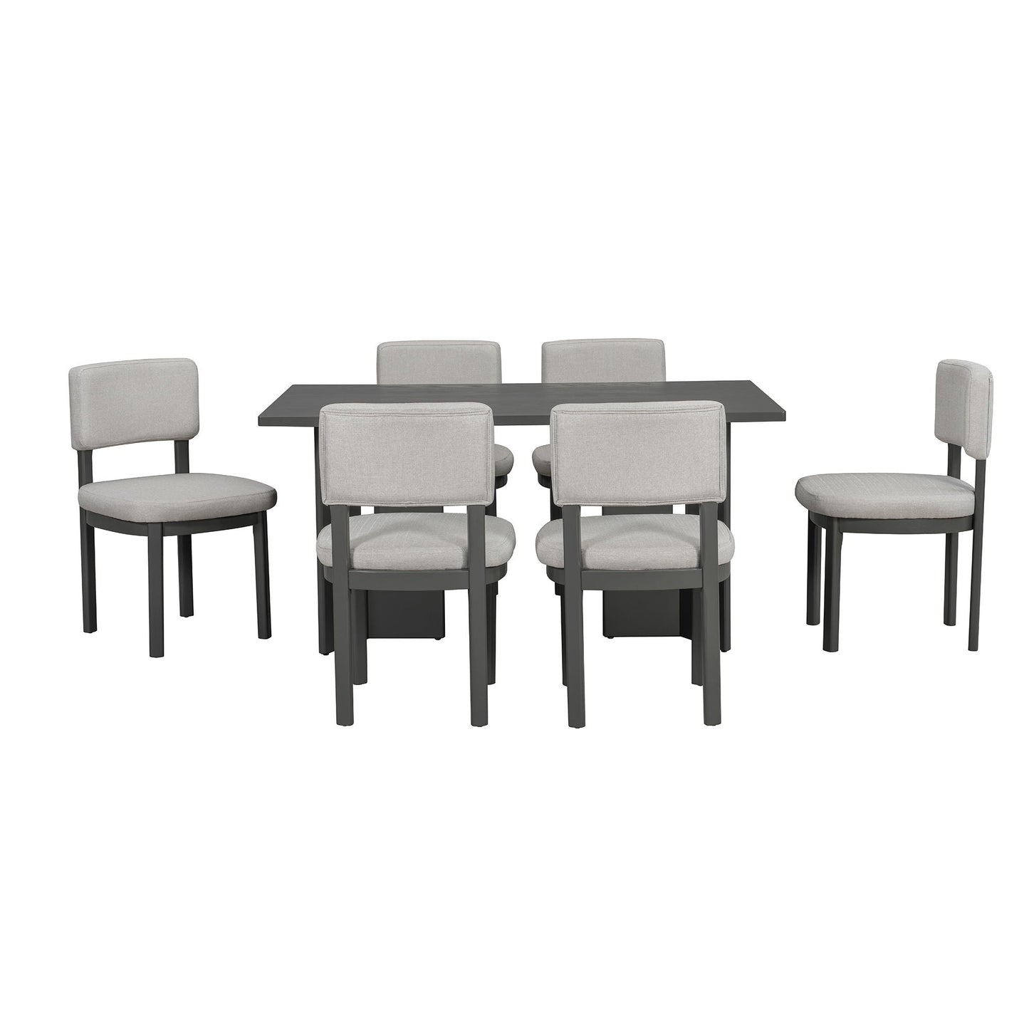 Dining Table Set With 6 Upholstered Chairs, Rectangular Table With Cutout Legs