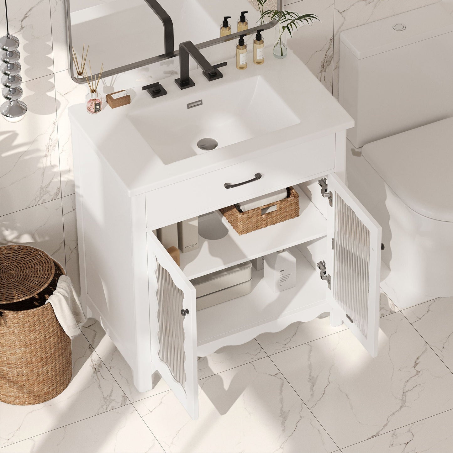 Modern Bathroom Vanity With Tempered Glass Doors