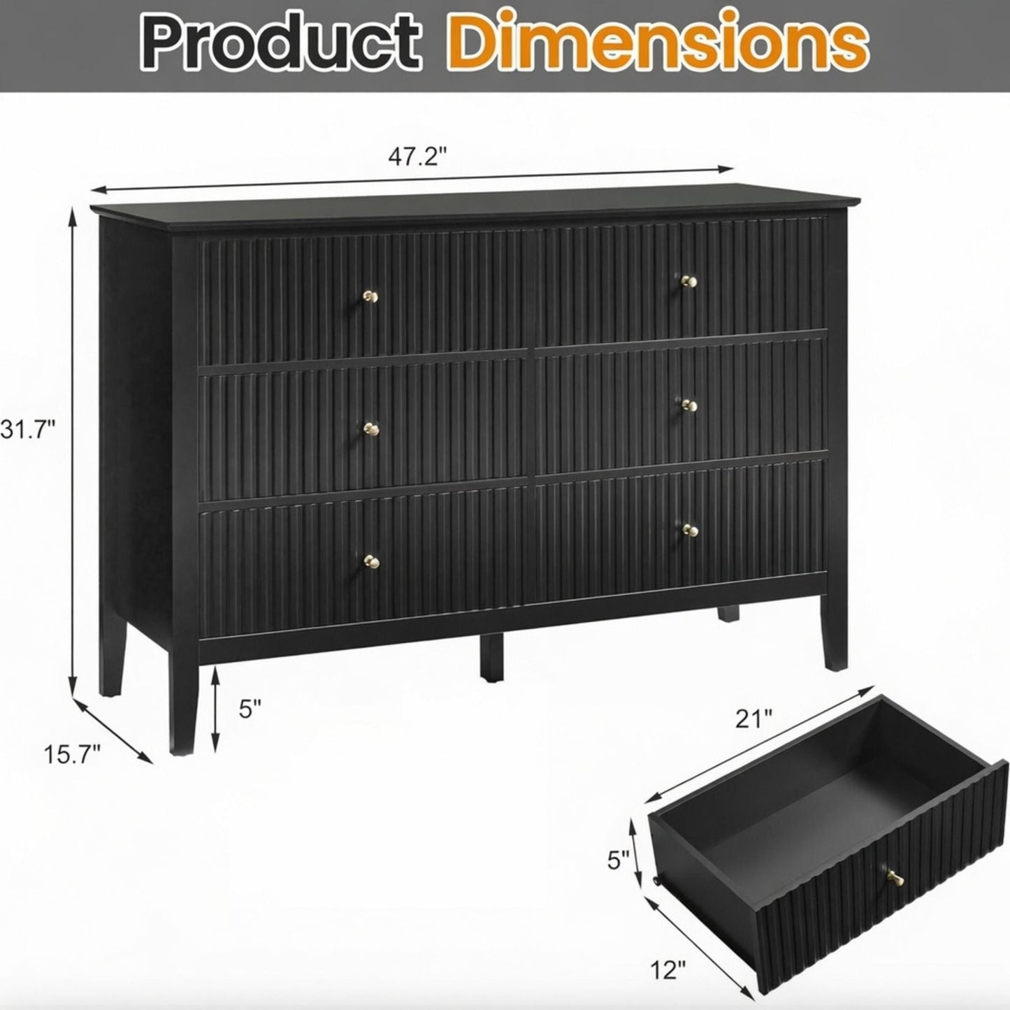 Modern 6 Drawer Fluted Dresser