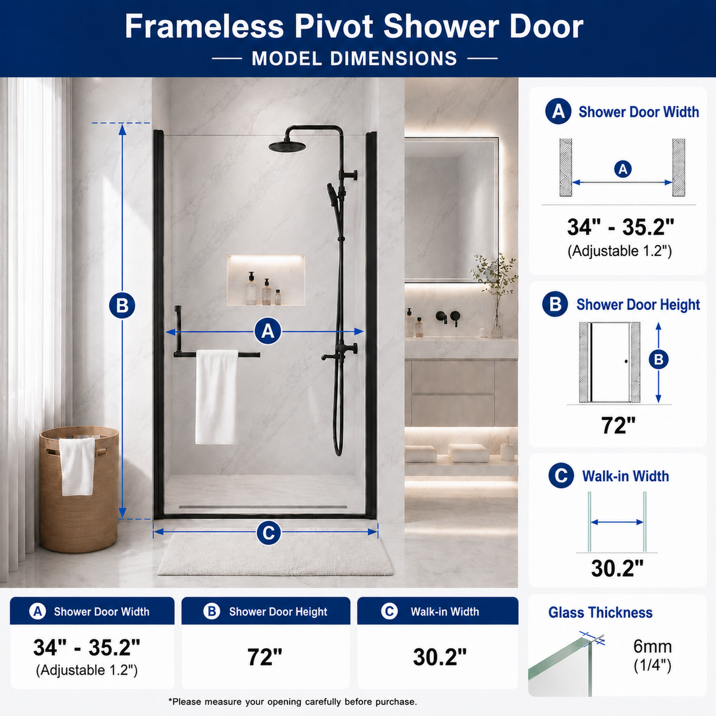 34"-35.2" x 72" Semi-Frameless Pivot Shower Door, Matte Finish