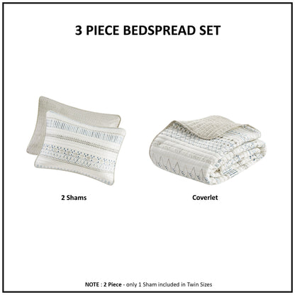 3 Piece Printed Microfiber Seersucker Quilt Set Taupe/Blue Full/Queen