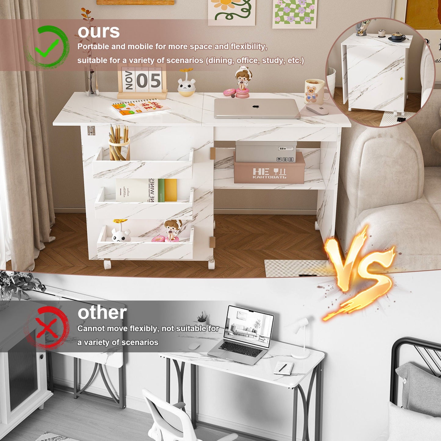 4 In 1 Folding Sewing Table With Lockable Wheels, Multi Functional Craft Station - White