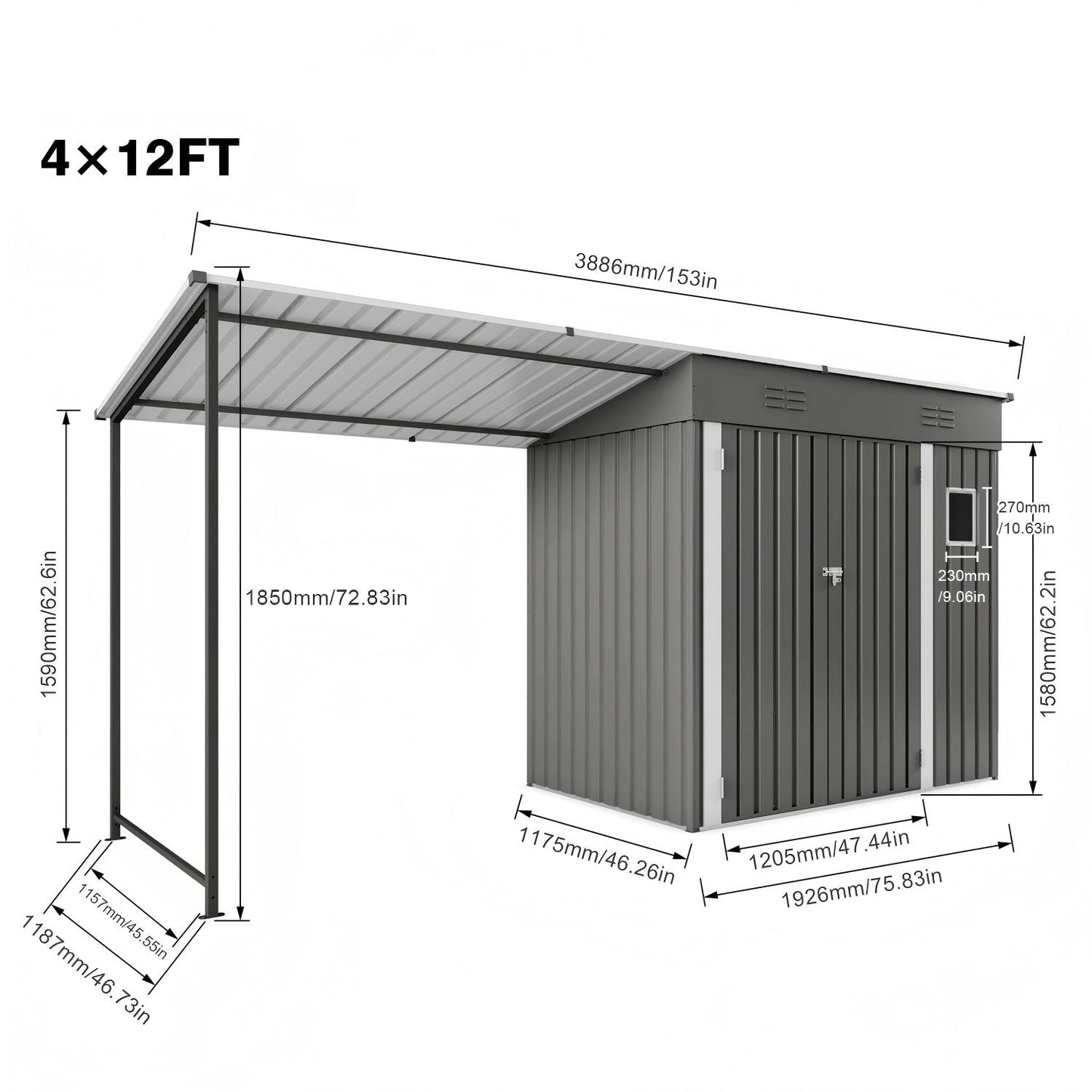 Lean To Shed With Open Sided Pergola, Outdoor Storage Shed & Attached Hardtop Gazebo Combo - Gray