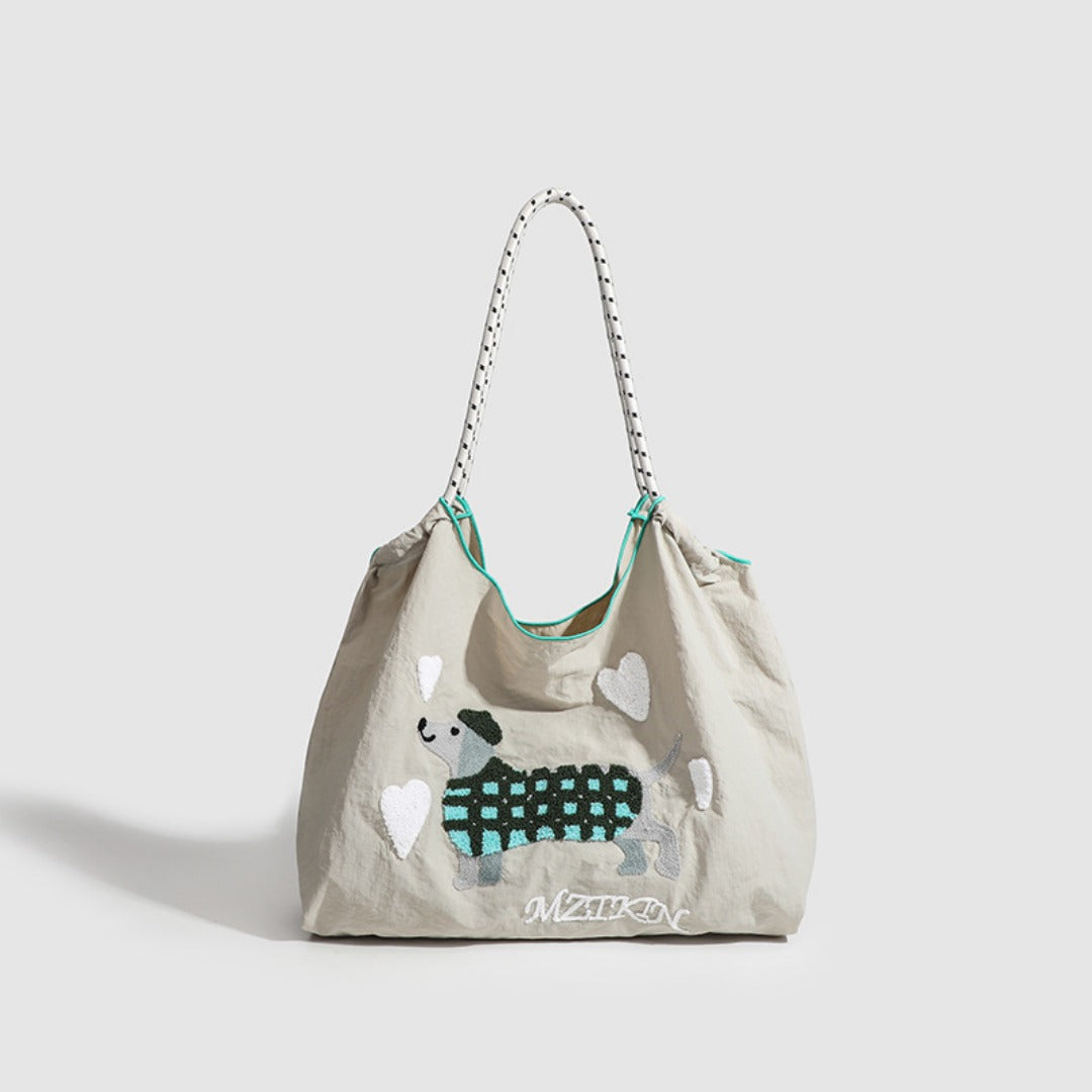 Large Capacity hobo bag with Embroidered Dog pattern, Shoulder bag Nylon, Shoulder shoulder Bag, Commuter hobo Bag Female