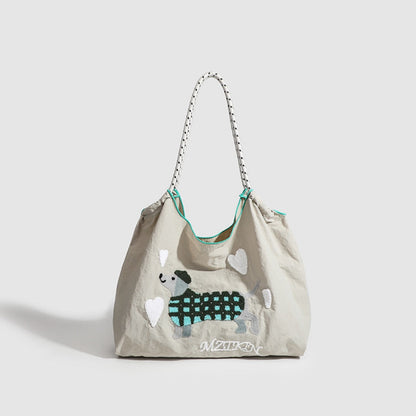 Large Capacity hobo bag with Embroidered Dog pattern, Shoulder bag Nylon, Shoulder shoulder Bag, Commuter hobo Bag Female