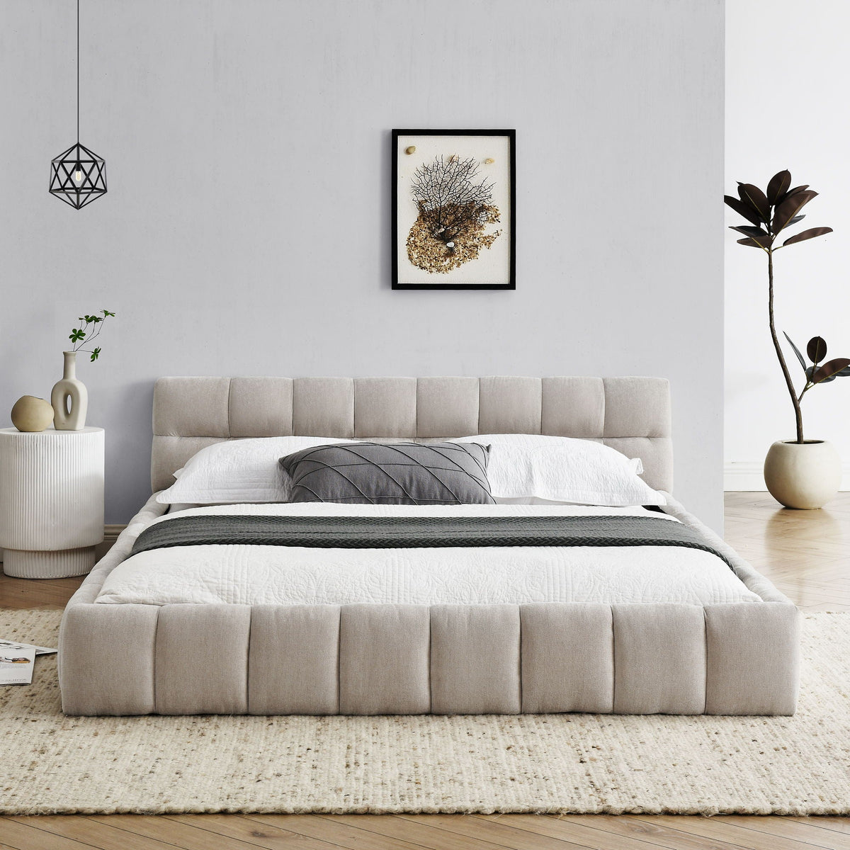 Modern Platform Bed Frame With Thick Fabric