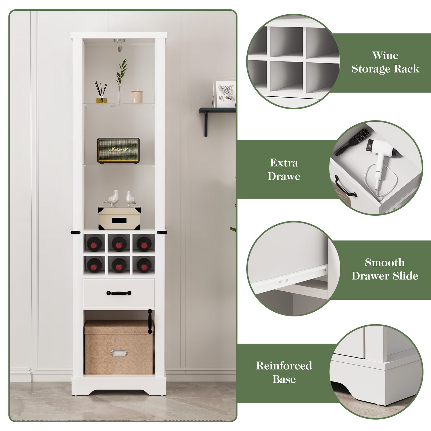75'' Tall Storage Cabinet with LED Light, Farmhouse Style