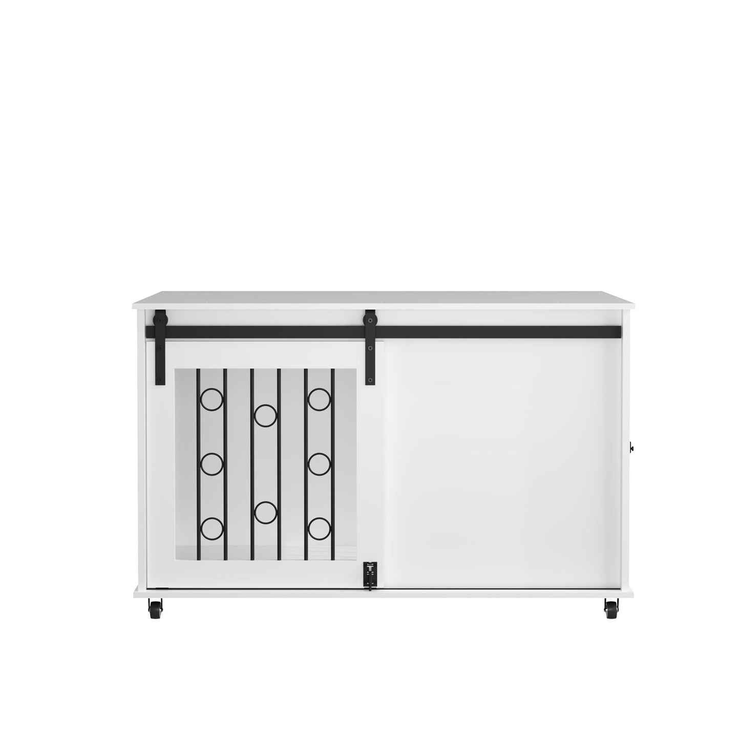 Dog Crate With Sliding Barn Door and Side Access, Lockable Wheels for Small to Medium Dogs - White