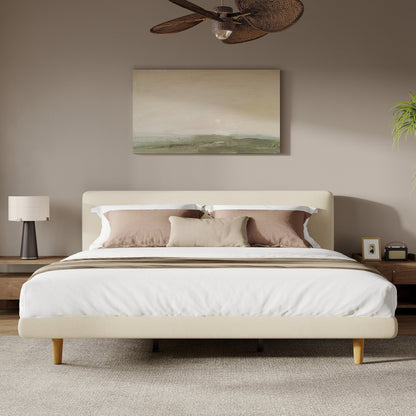 Beige Chunky Headboard Bed Frame with Solid Rubberwood Legs, Cal-King