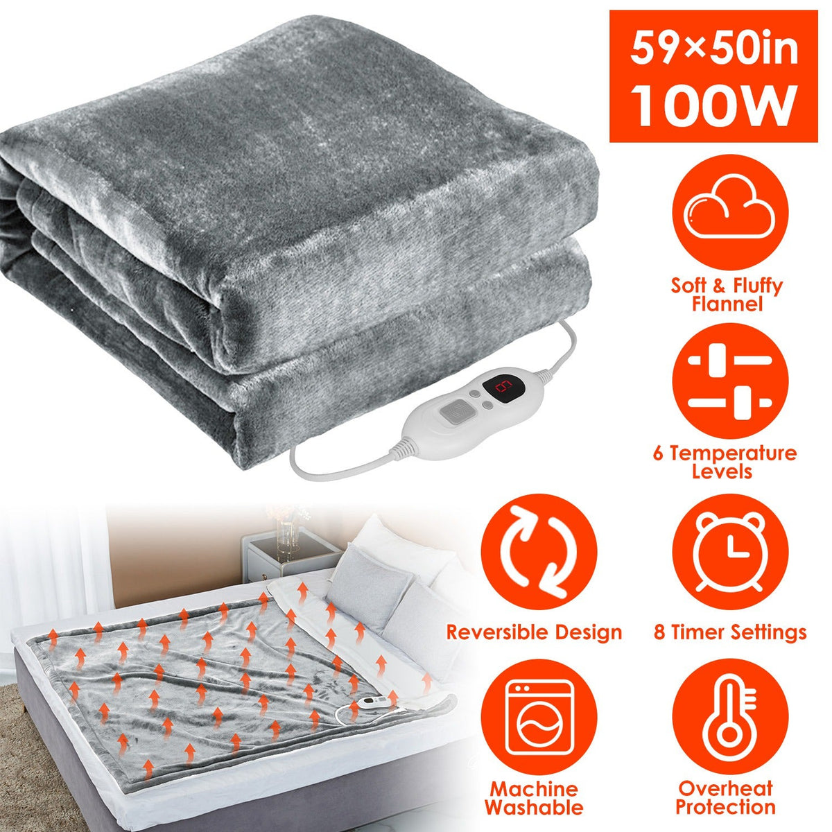 Electric Heated Flannel Throw Blanket 59x50in with 6 Heat Settings