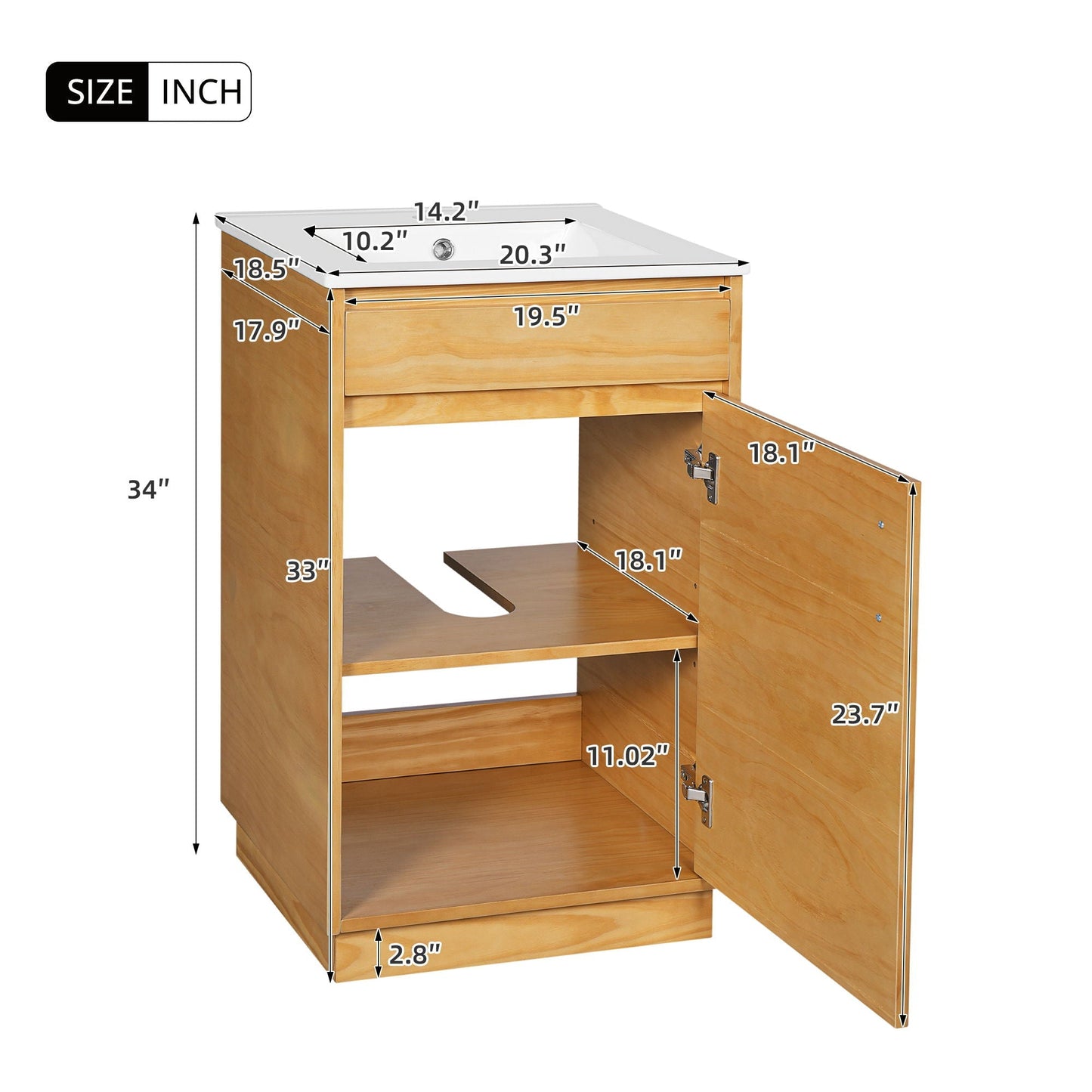 Bathroom Vanity With Sink, Single Cabinet, Natural Wood
