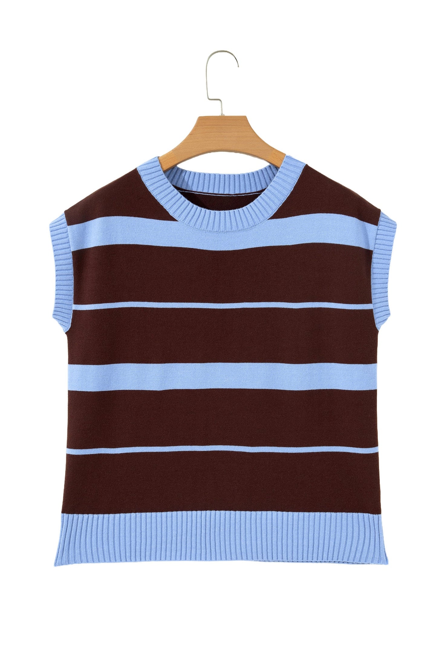 Sky Blue Stripe Striped Short Sleeve Round Neck Casual Knit Top