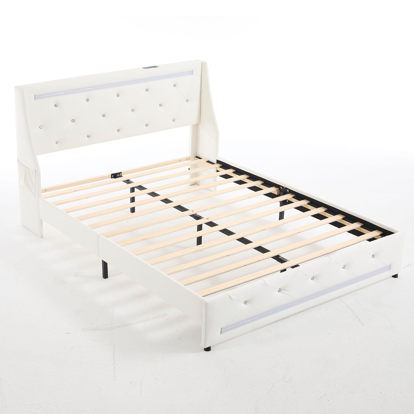 Wingback Upholstered Bed Frame With LED Lights, Charging Station