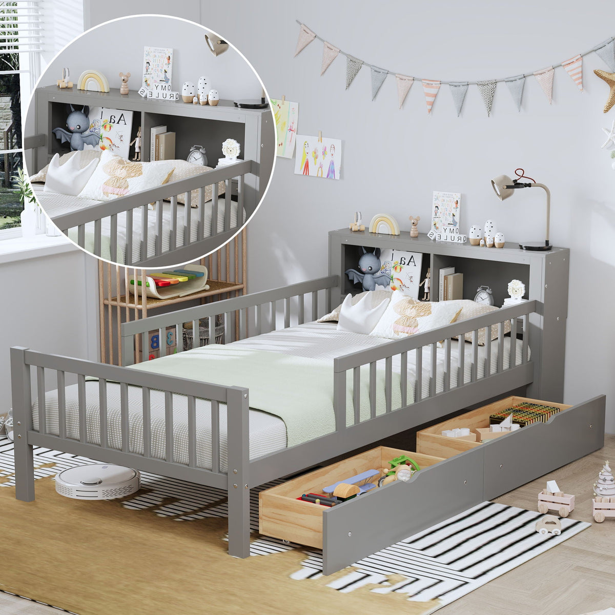 Bed With Headboard Storage Rack, 2 Under Bed Drawers, 3 Side Guardrails For Safety