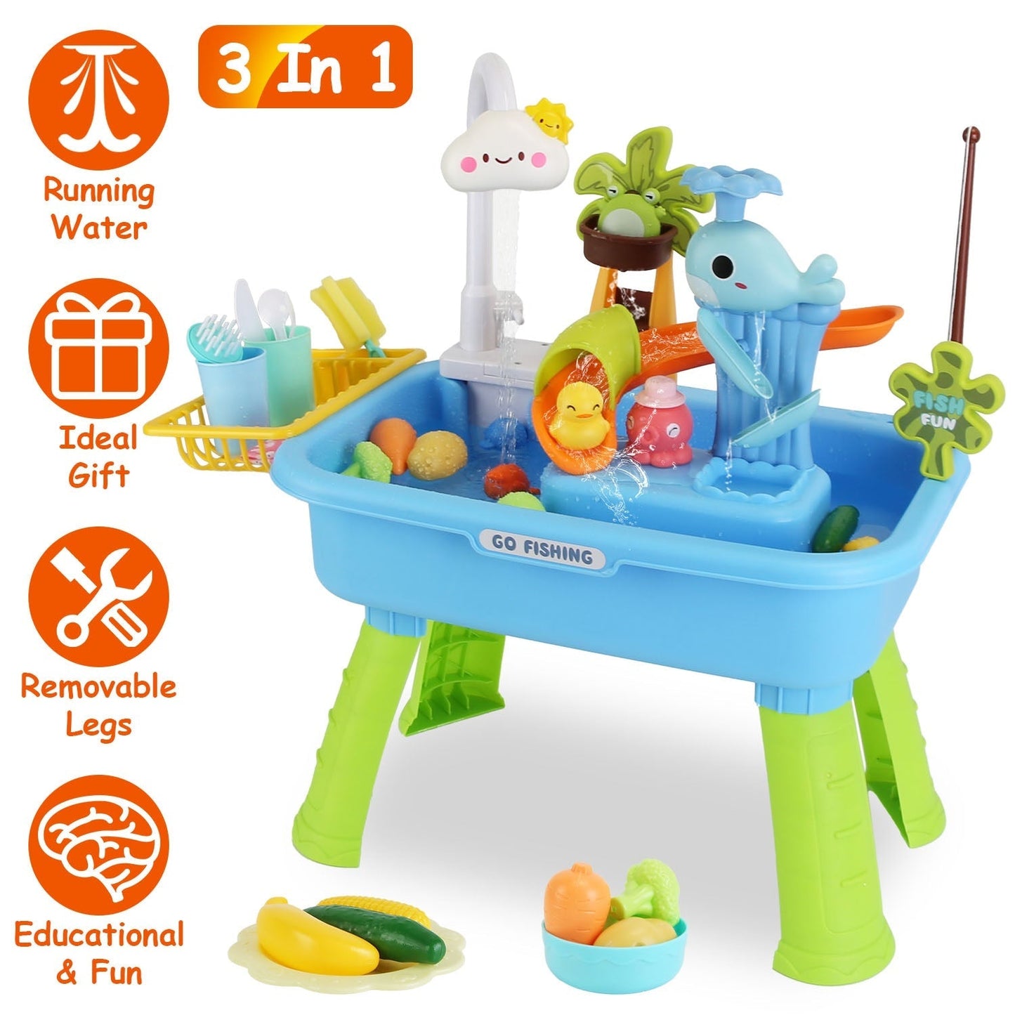 3 In 1 Kitchen Sink Toy with Electric Faucet Water Table Fishing Game Role Play Sink Set Indoor Outdoor for Kids Aged 3+ Years Old
