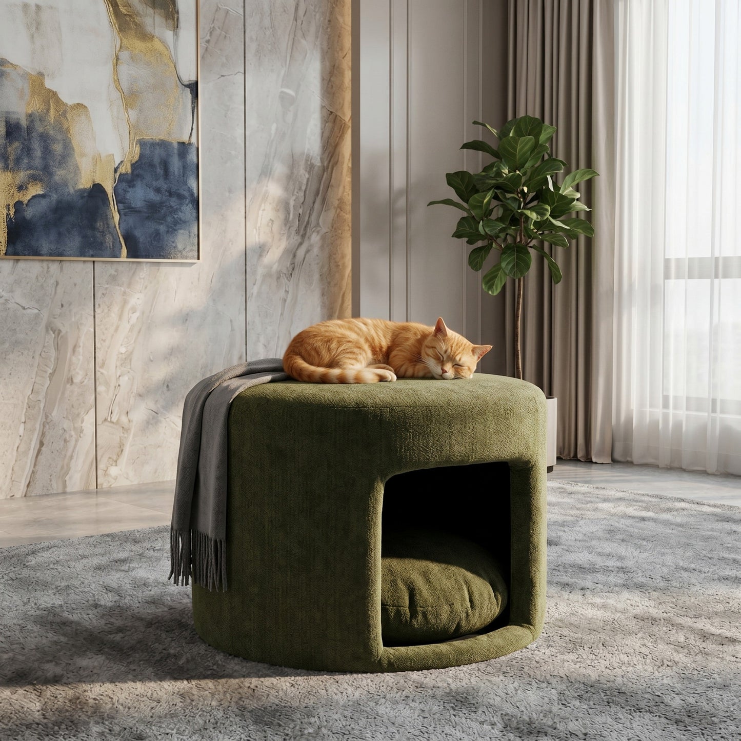Green Pet Friendly Ottoman with Removable Pet Cushion and Hidden Pet Nook