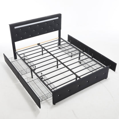 Upholstered Bed Frame With LED Lights, 4 Storage Drawers, Charging Station