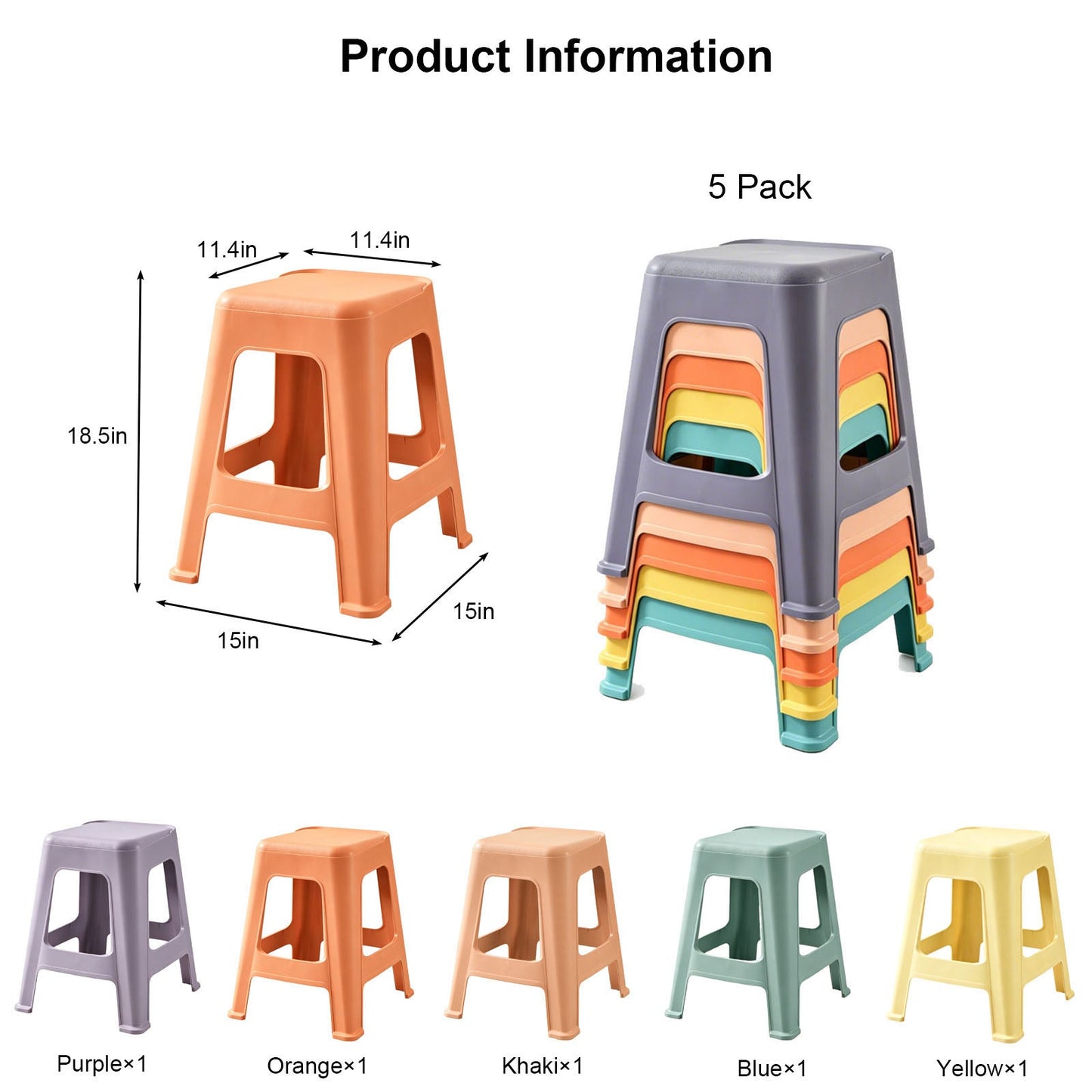 5 Pack Stackable Classroom Stools, 18.8" Height Colorful Nesting Plastic Stool