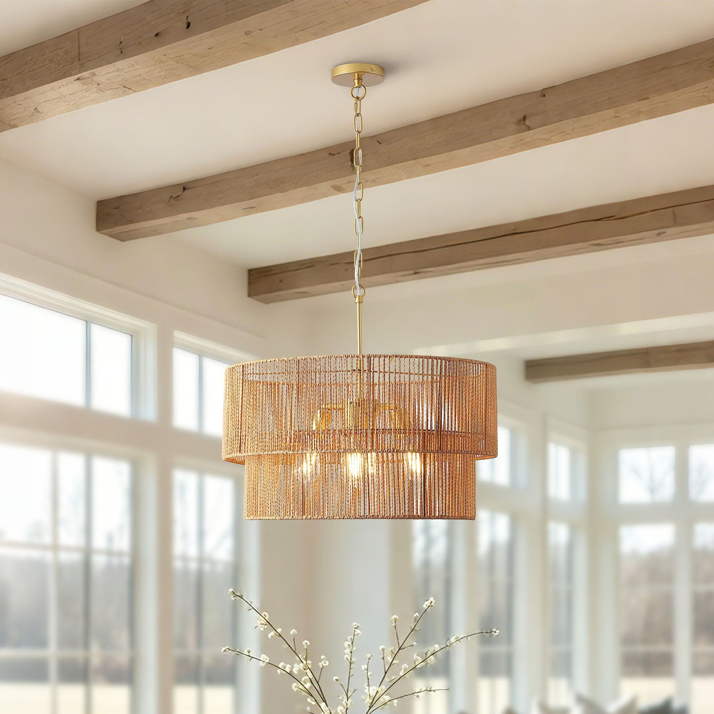 Chandelier, 2 Tier Boho Wabi Sabi Pendant Light, Hanging Ceiling Lamp - Gold