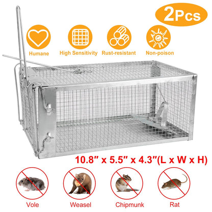 2 Pack Rat Trap Cage Humane Live Rodent Trap Cage Galvanized Iron Mice Mouse Control Bait Catch with Detachable U Shaped Rod