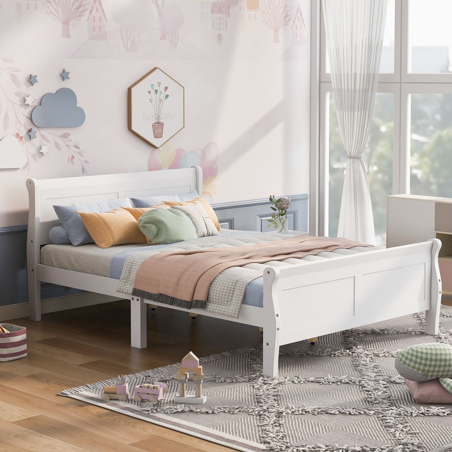 Platform Bed Frame Mattress Foundation Sleigh Bed With Headboard / Footboard / Wood Slat Suppor