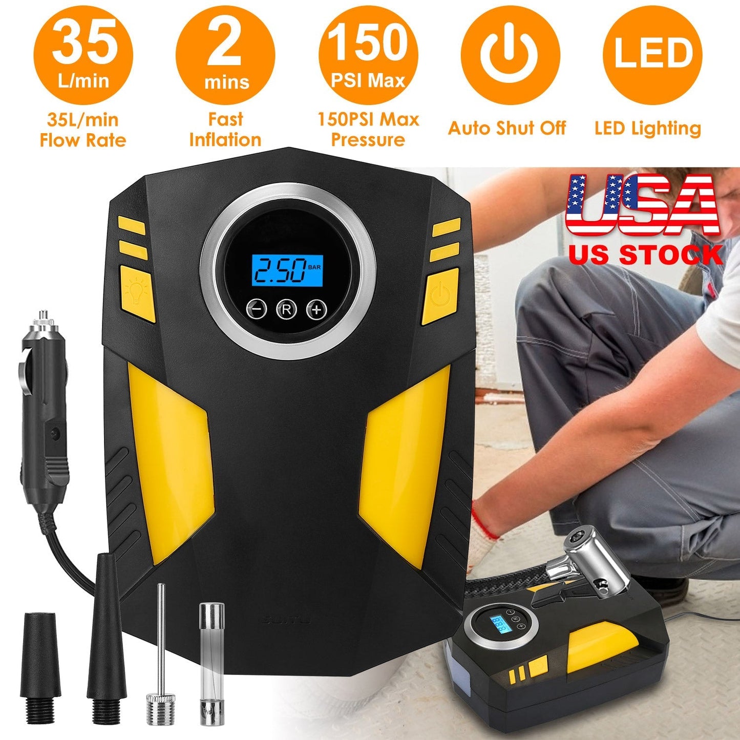 Portable Car Tire Inflator DC 12V Digital Car Air Pump Compressor Electric Air Pump w/LED Light 150PSI