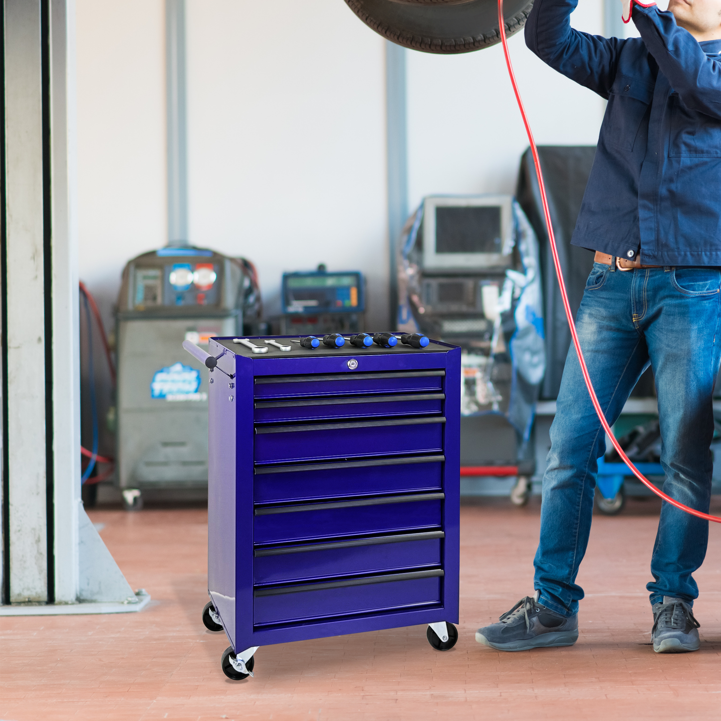 Rolling Metal Tool Chest with 7 Drawers, 20" Steel Cabinet - Purple