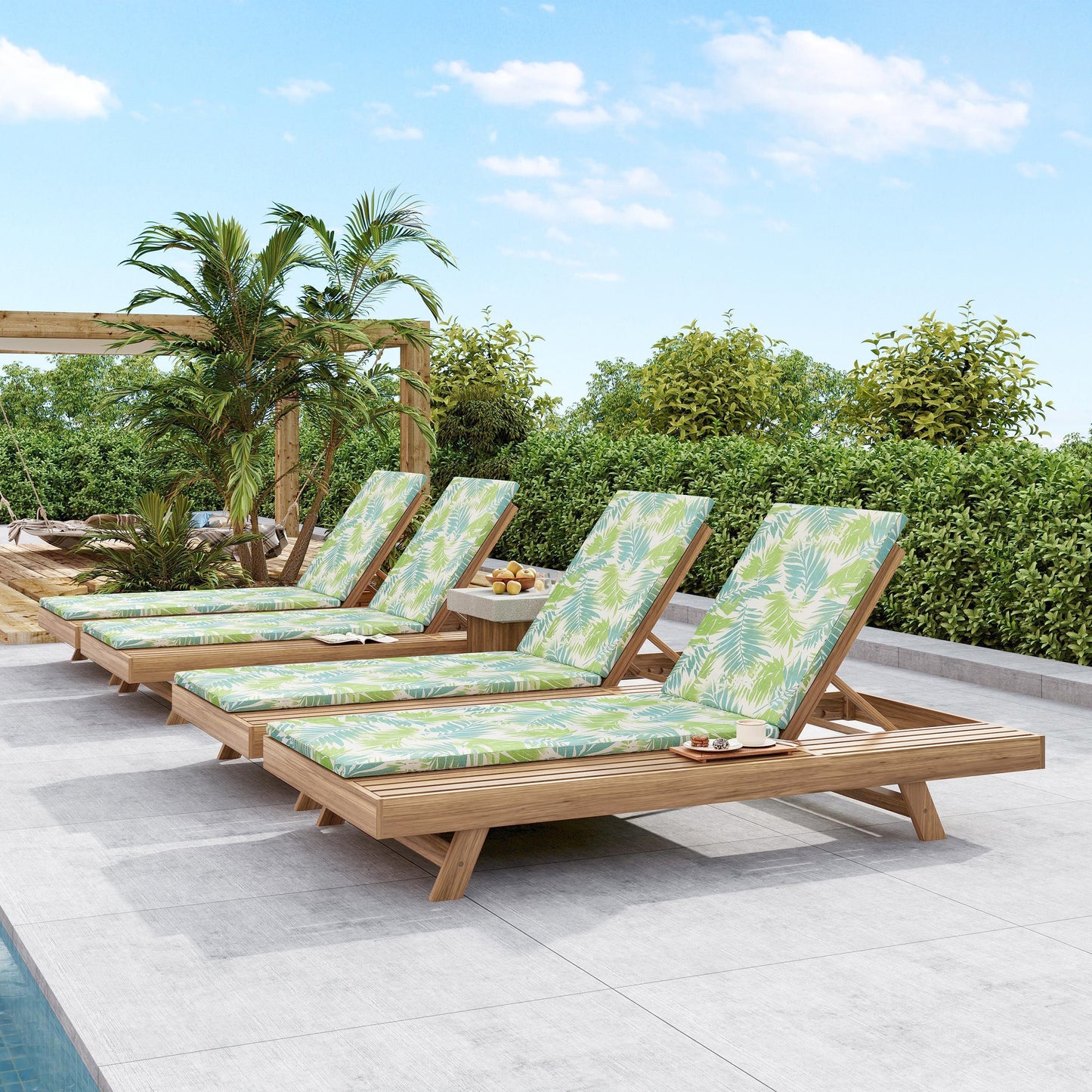 Lounge Chaise Set, Space Available On One Side, Acacia Wood In light brown With Water-Resistant Lounge Cushions (Leaf Coconut & 2 Inch Thick) – Matching Cream/Dark Grey Version Available