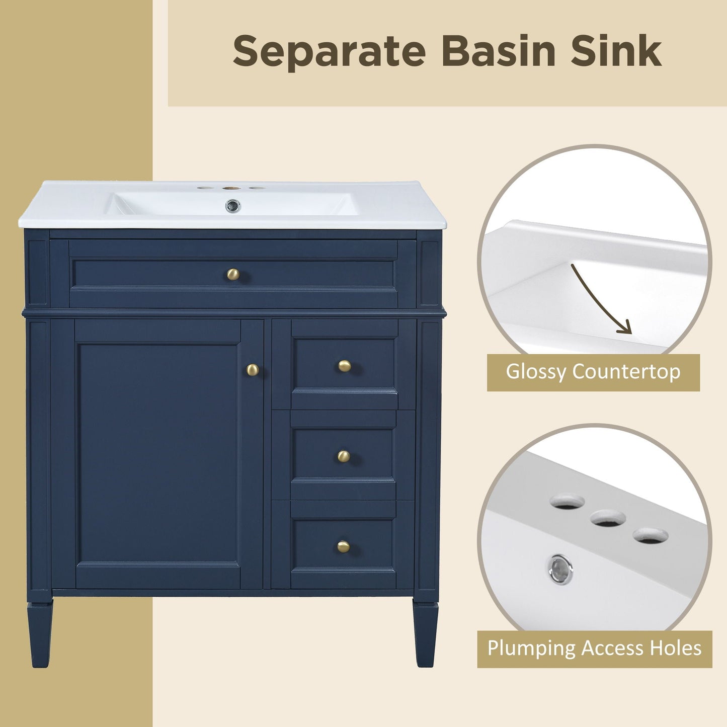 Bathroom Vanity With Top Sink, 2 Drawers & Tip Out Drawer