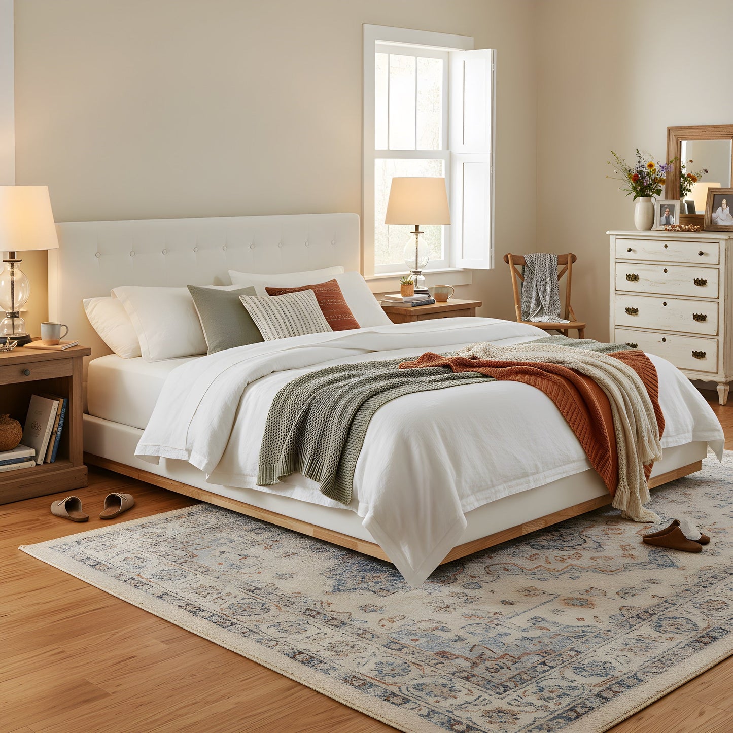 Solid Rubber Wood Platform Bed with Upholstered Headboard